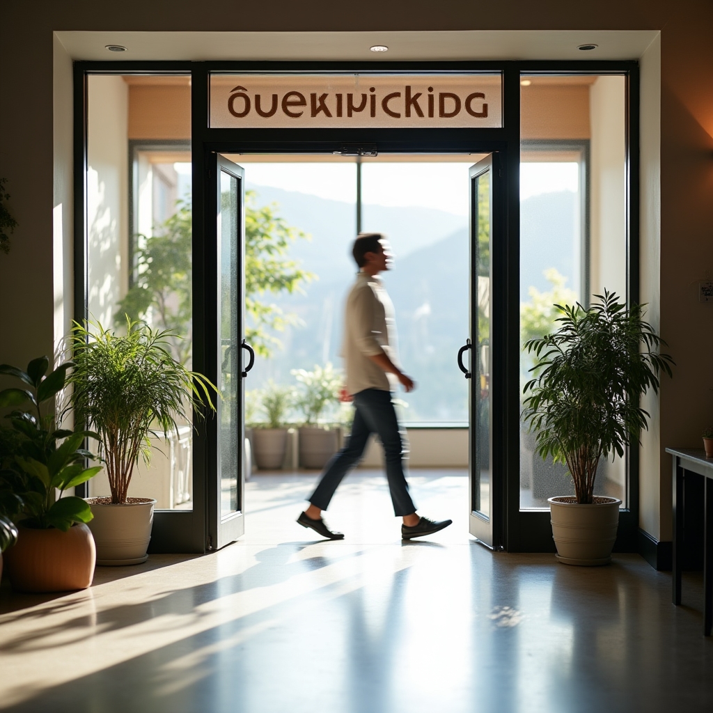 Intrarea într-un spațiu de birouri modern, cu semnalizare discretă și plante decorative
