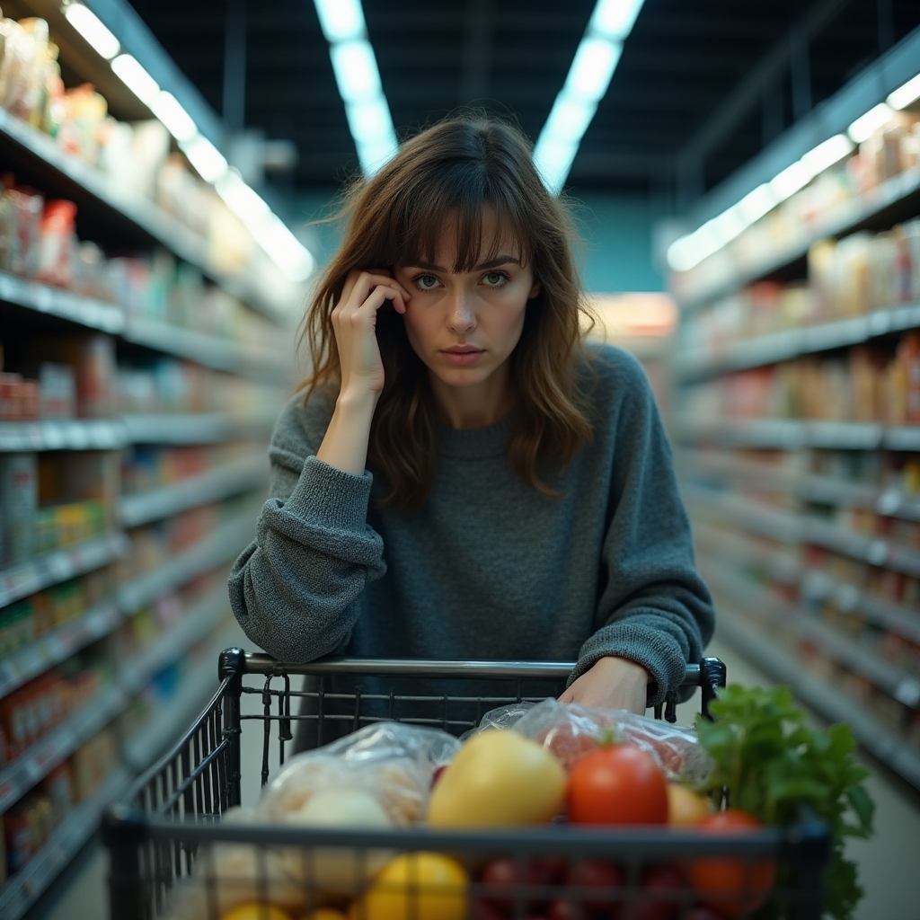 Femeie obosită împingând un cărucior plin de cumpărături într-un supermarket seara târziu